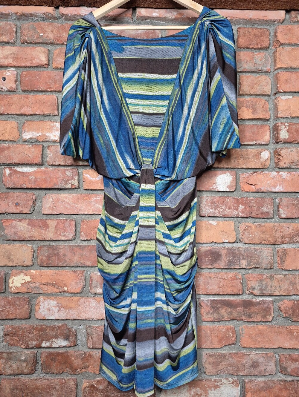 Rabbit Rabbit Rabbit Blue Green Striped Gathered Draped Lined Dress Size 8